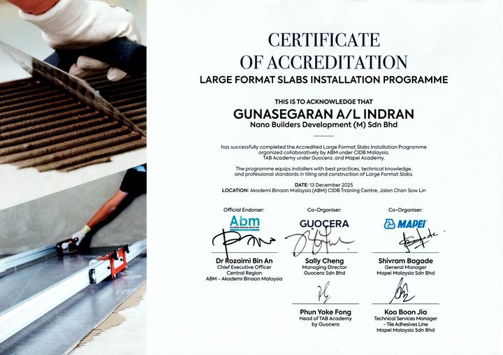 Large Format Slabs Installation Programme certificate
