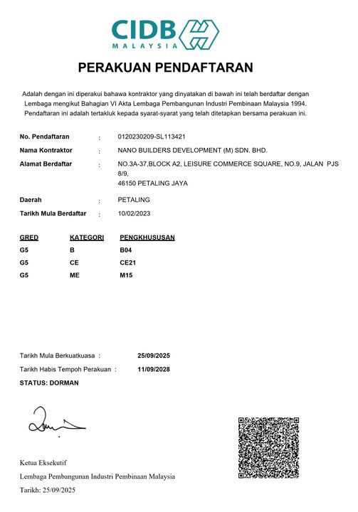 CIDB Contractor Registration Certificate (Grade G5) certificate