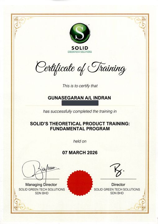 SOLID's Theoretical Product Training: Fundamental Program certificate
