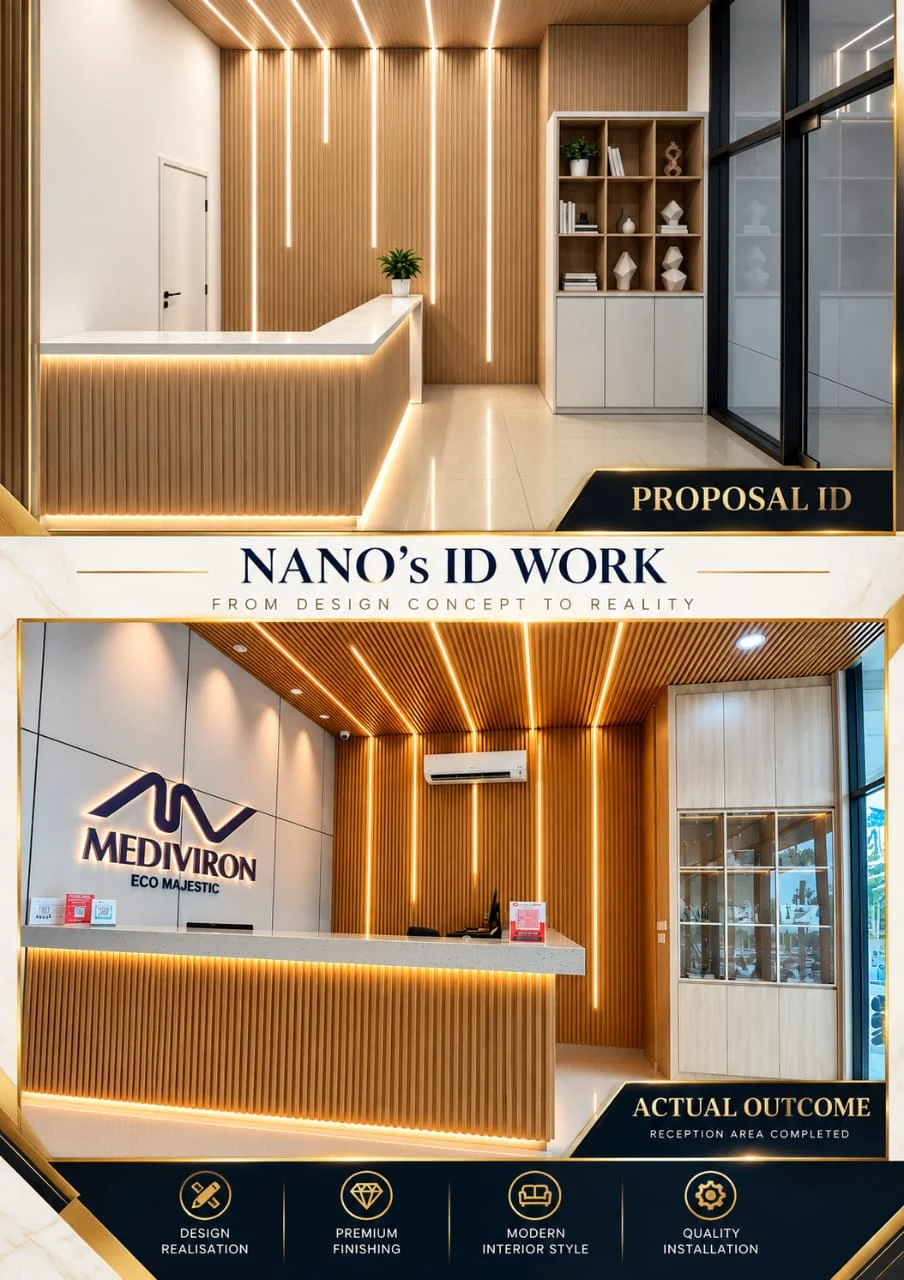 Interior design by Nano Builders: 3D proposal and completed reception area for Mediviron Eco Majestic