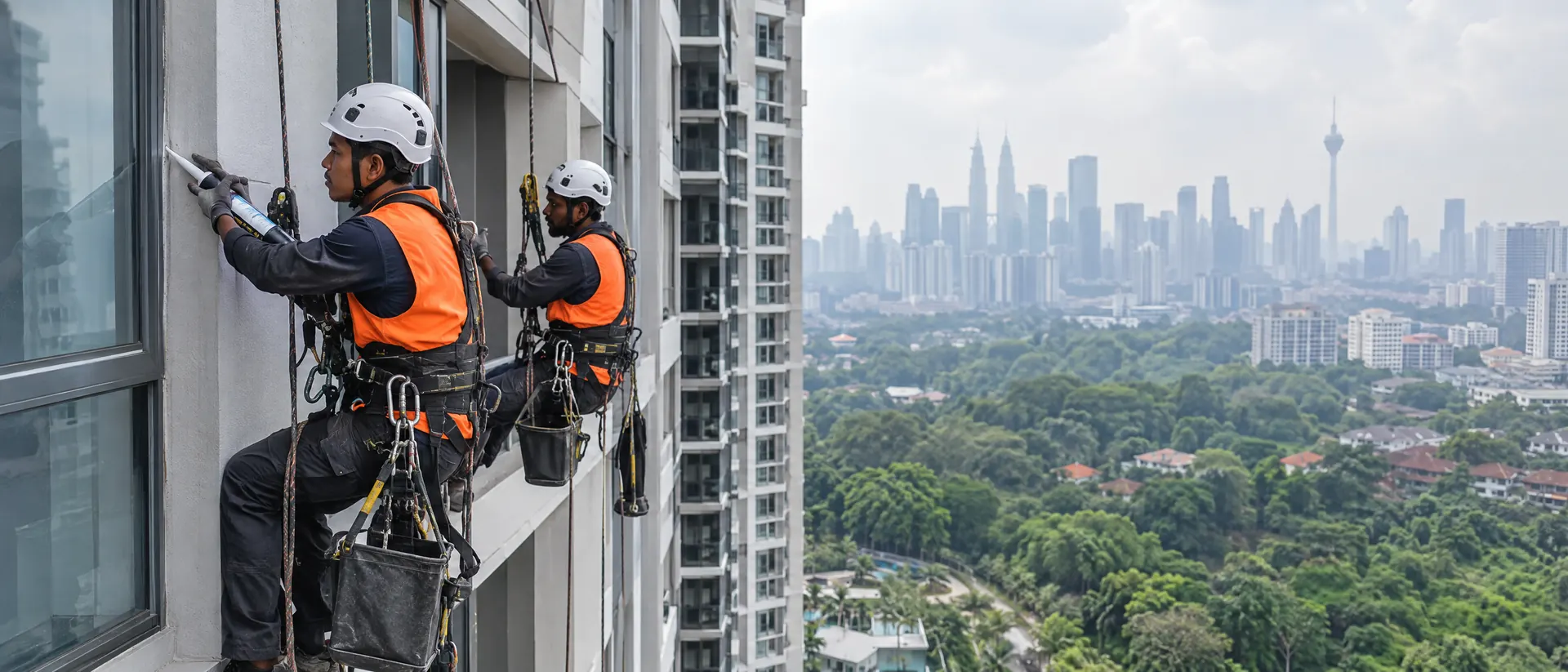 Rope access technicians working on a high-rise facade in Kuala Lumpur