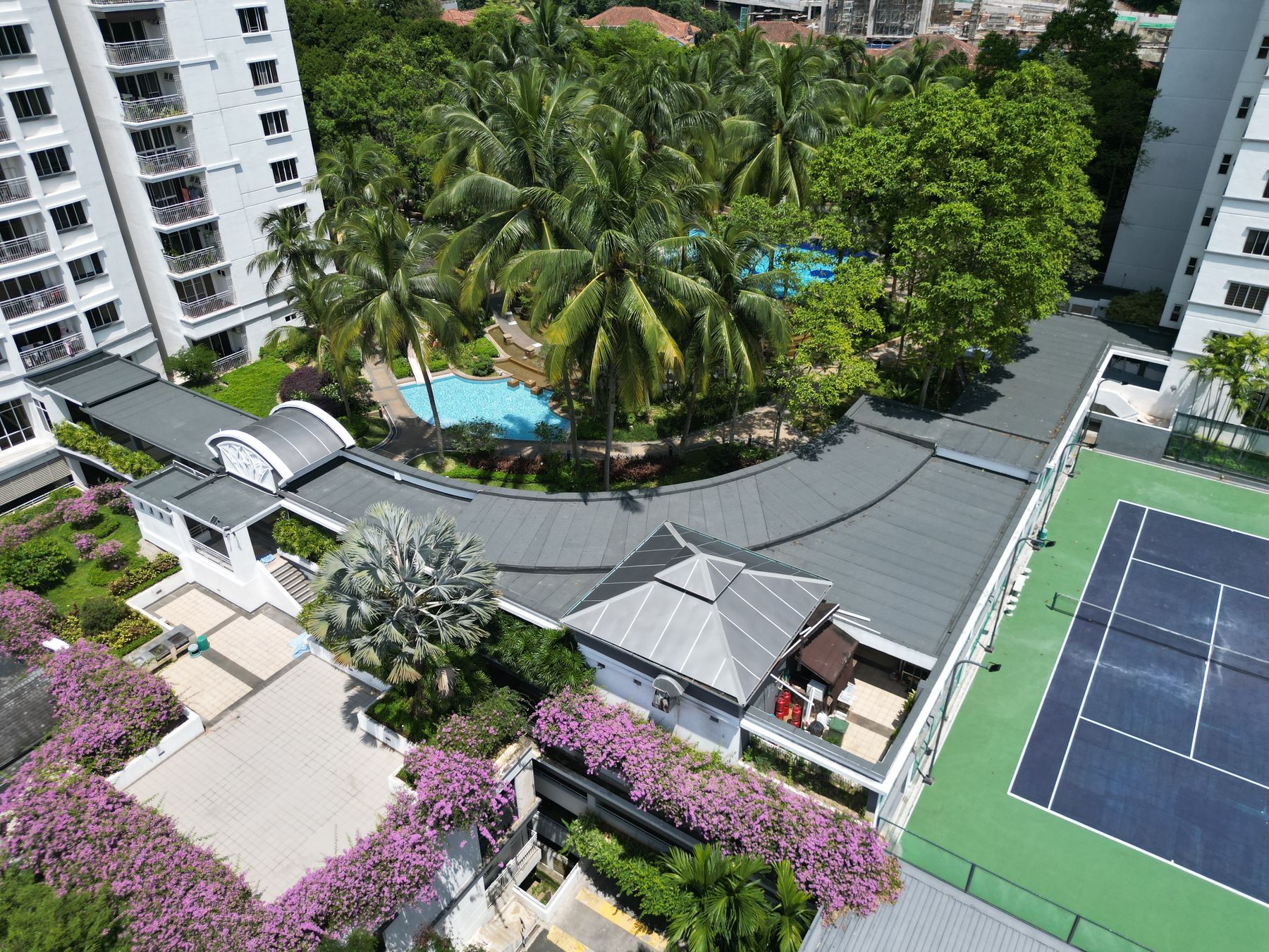 Completed roof waterproofing at a condominium, aerial view